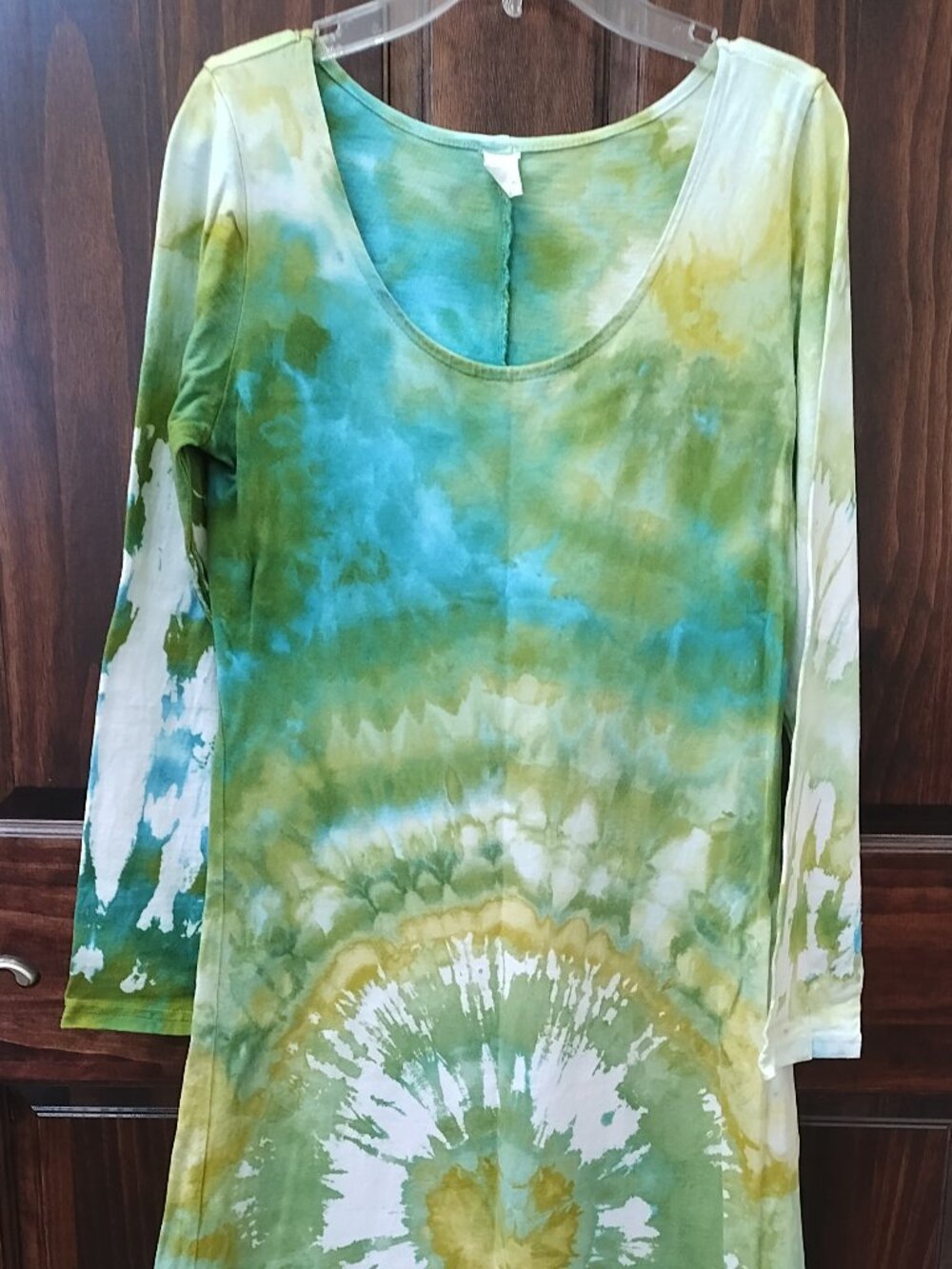 Dharma Trading Co. midi length long sleeved cotton tie-dyed dress, size small